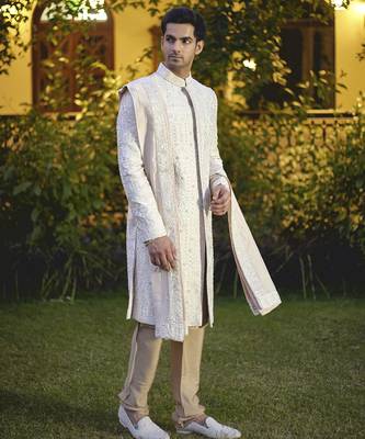 Beige embroidered mirror work cotton silk umair sherwani set 3