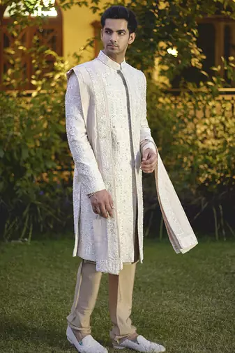 Beige embroidered mirror work cotton silk umair sherwani set