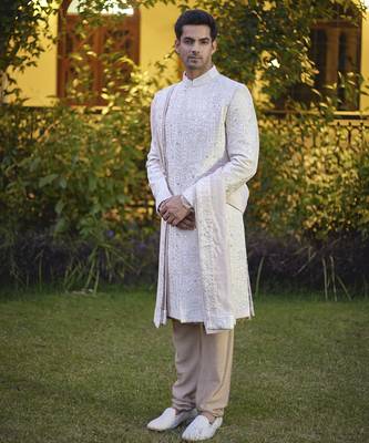 Beige embroidered mirror work cotton silk umair sherwani set 4