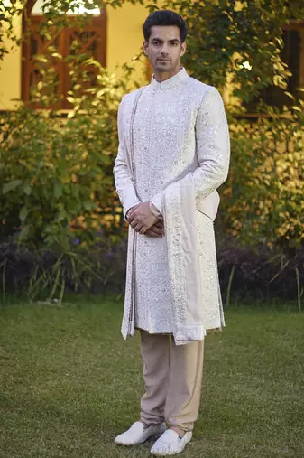 Beige embroidered mirror work cotton silk umair sherwani set