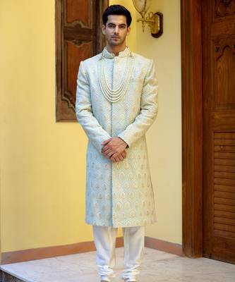 Green embroidered mirror work cotton silk fahad sherwani (mint green) 1