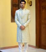 Green embroidered mirror work cotton silk fahad sherwani (mint green)