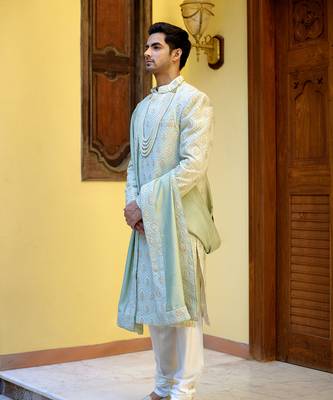 Green embroidered mirror work cotton silk fahad sherwani (mint green) 2