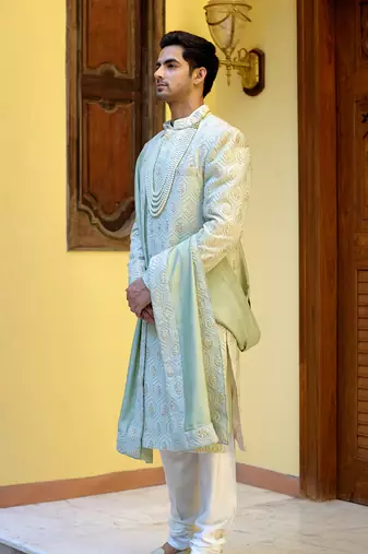 Green embroidered mirror work cotton silk fahad sherwani (mint green)