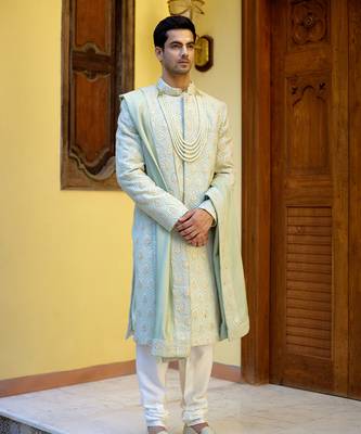 Green embroidered mirror work cotton silk fahad sherwani (mint green) 3