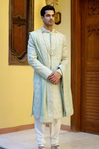 Green embroidered mirror work cotton silk fahad sherwani (mint green)