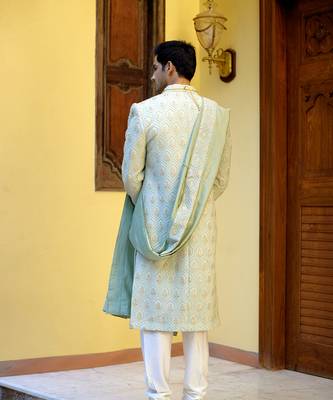 Green embroidered mirror work cotton silk fahad sherwani (mint green) 4