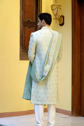 Green embroidered mirror work cotton silk fahad sherwani (mint green)