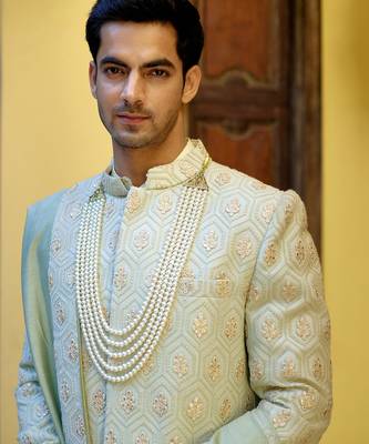 Green embroidered mirror work cotton silk fahad sherwani (mint green) 5