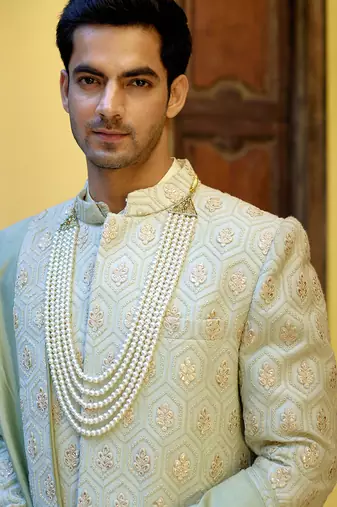 Green embroidered mirror work cotton silk fahad sherwani (mint green)