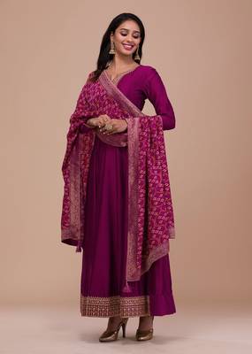 Vichitra Silk Anarkali Suit Set with Jacquard Dupatta for Women  1