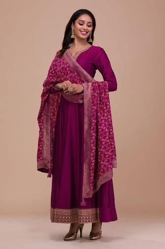 Vichitra Silk Anarkali Suit Set with Jacquard Dupatta for Women 