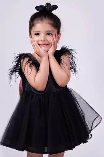 Black plain satin personalised feather dress