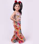 Multicolor printed tussar silk multi color back tie designer coord set