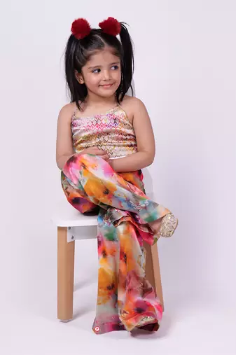 Multicolor printed tussar silk multi color back tie designer coord set