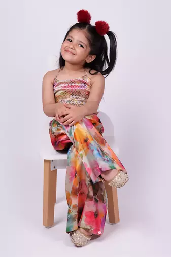 Multicolor printed tussar silk multi color back tie designer coord set