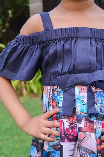 Blue printed cotton contemprary print dress