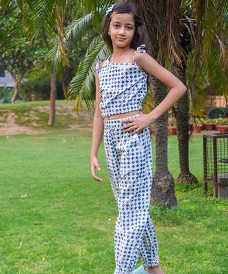 White printed cotton blue stone print coord set 1