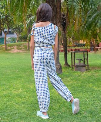 White printed cotton blue stone print coord set 2