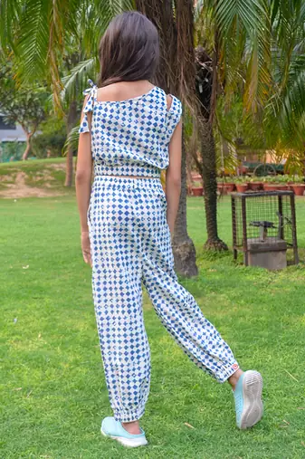 White printed cotton blue stone print coord set