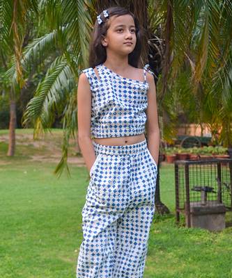 White printed cotton blue stone print coord set 3