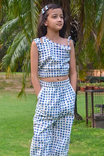White printed cotton blue stone print coord set