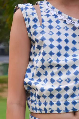 White printed cotton blue stone print coord set