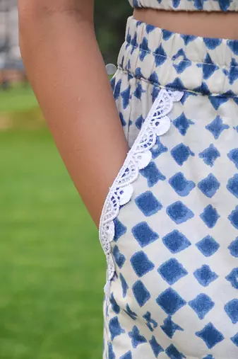 White printed cotton blue stone print coord set
