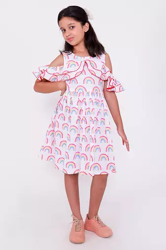 White printed cotton white rainbow cold shoulders