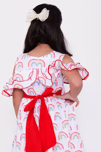 White printed cotton white rainbow cold shoulders