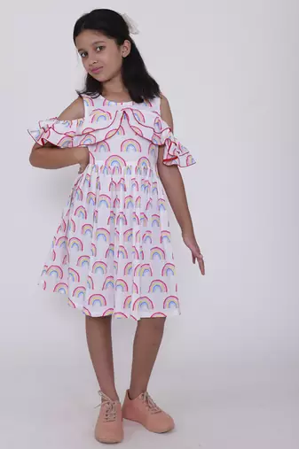 White printed cotton white rainbow cold shoulders