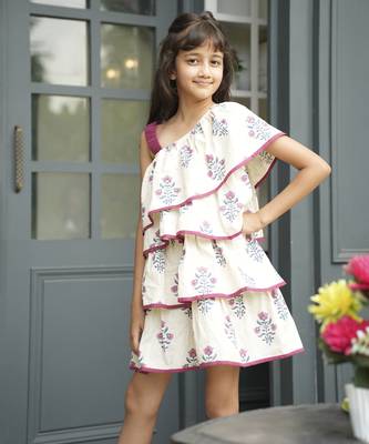 White printed cotton chintz print one shoulder dress 1