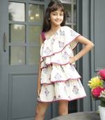 White printed cotton chintz print one shoulder dress