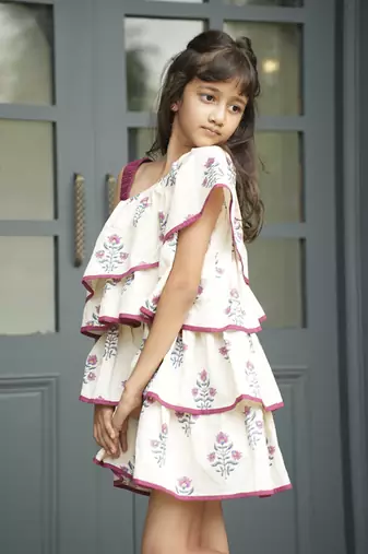White printed cotton chintz print one shoulder dress