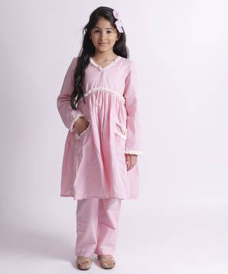 Pink embroidered cotton baby pink suit with pockets 1