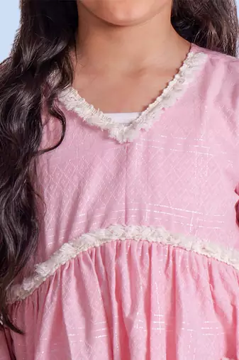 Pink embroidered cotton baby pink suit with pockets