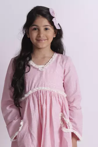 Pink embroidered cotton baby pink suit with pockets