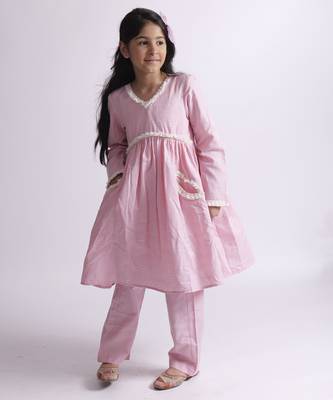 Pink embroidered cotton baby pink suit with pockets 5