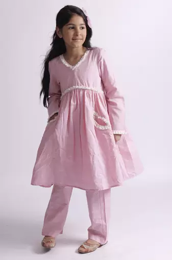 Pink embroidered cotton baby pink suit with pockets