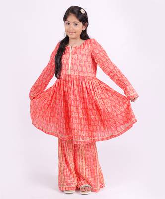 Pink printed cotton silk neon orange pink sharara set 1