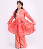 Pink printed cotton silk neon orange pink sharara set