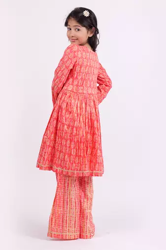 Pink printed cotton silk neon orange pink sharara set