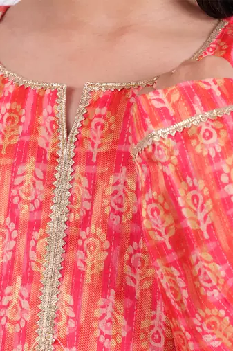 Pink printed cotton silk neon orange pink sharara set