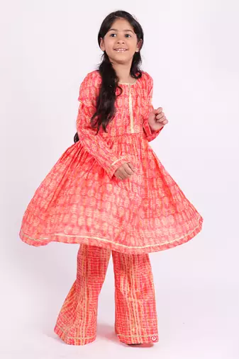 Pink printed cotton silk neon orange pink sharara set