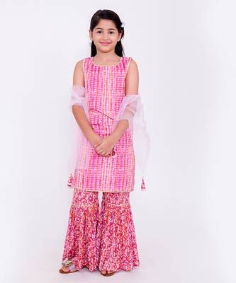 Pink printed cotton pink gotta sharara set with dupatta 1