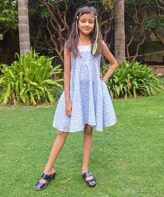 Blue printed cotton skyblue a line dress with pockets 1