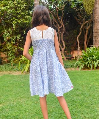 Blue printed cotton skyblue a line dress with pockets 2