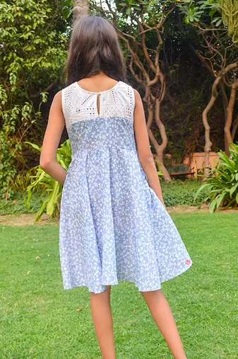 Blue printed cotton skyblue a line dress with pockets