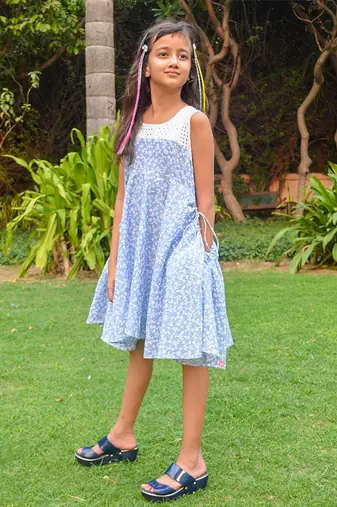 Blue printed cotton skyblue a line dress with pockets