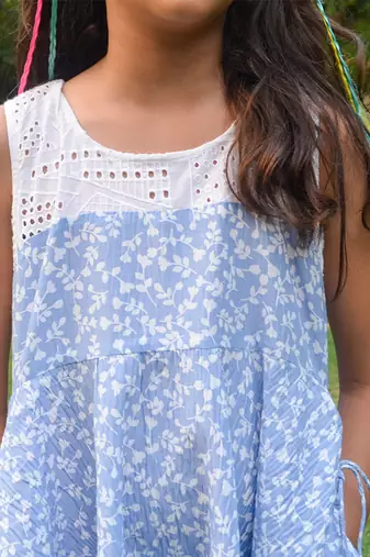 Blue printed cotton skyblue a line dress with pockets